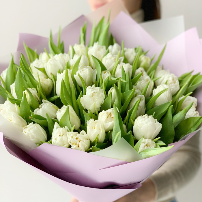 49 белых пионовидных тюльпанов